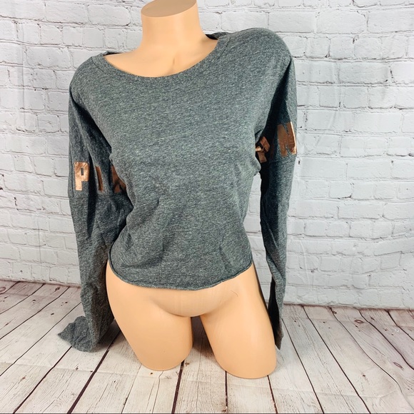 VS PINK Bling Logo Long Sleeve Crop Tee Shirt - Picture 2 of 6